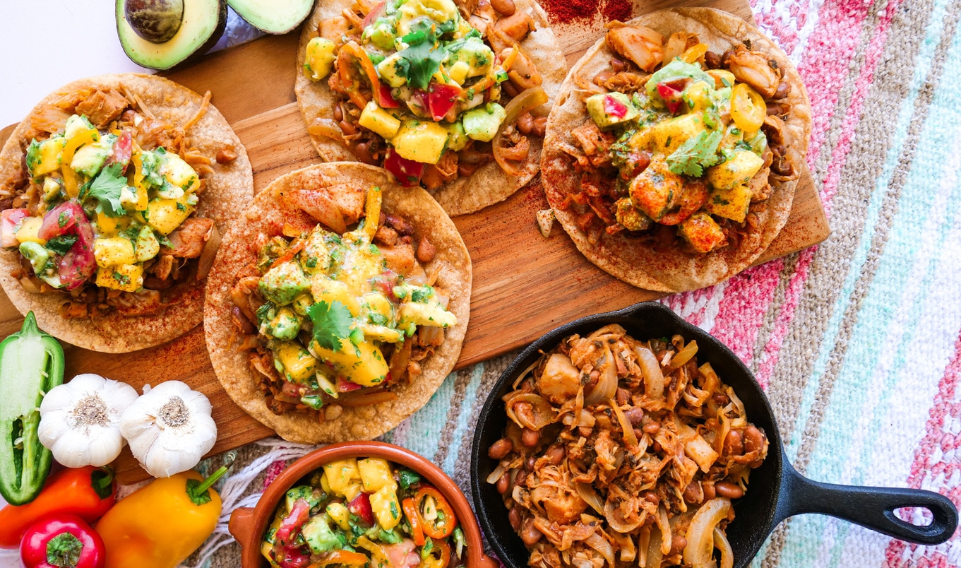 Vegan Chili Jackfruit Tostadas With Mango-Avocado Salsa