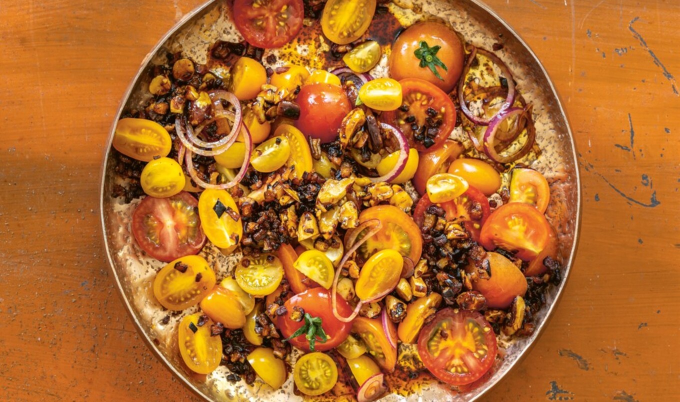 Vegan Heirloom Tomato Salad With Smoky Eggplant Bacon and Garlicky Brazil Nuts