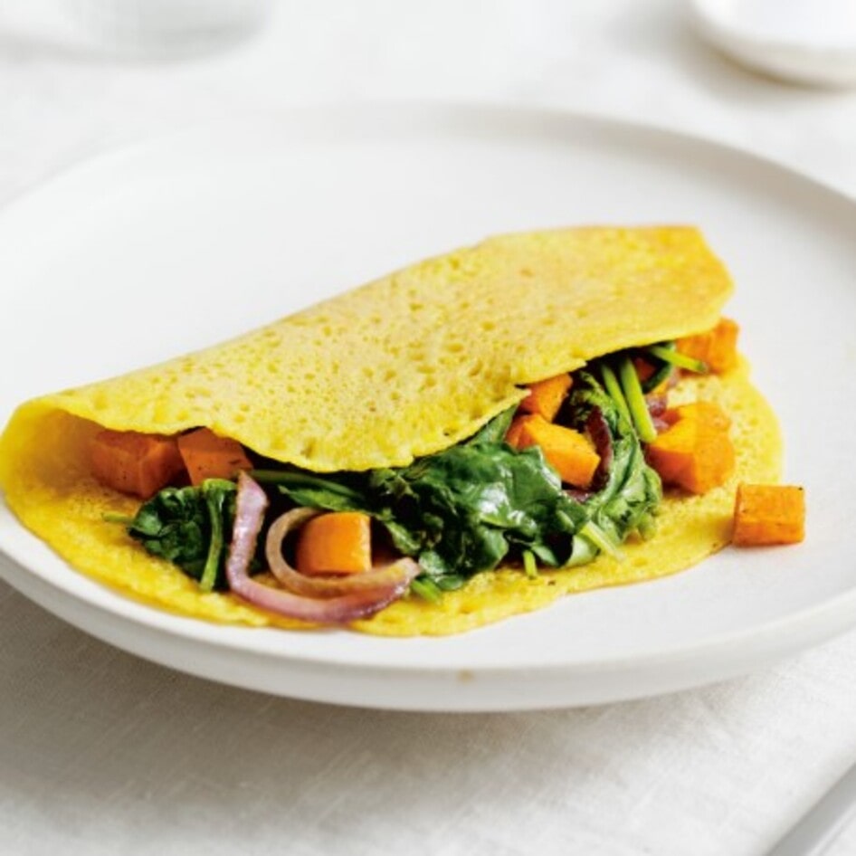 Vegan Chickpea Omelet With Curried Sweet Potato and Spinach