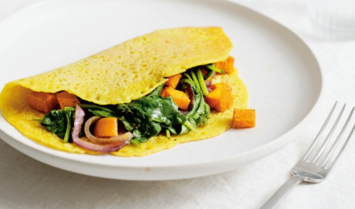 Vegan Chickpea Omelet With Curried Sweet Potato and Spinach