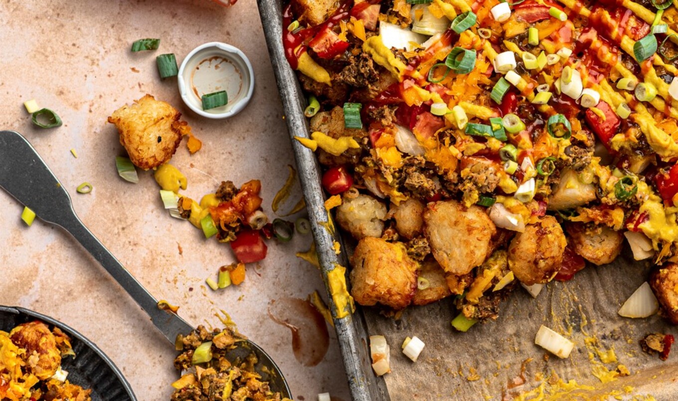 Vegan Cheeseburger Tater Tots With Cashew Cheddar Sauce