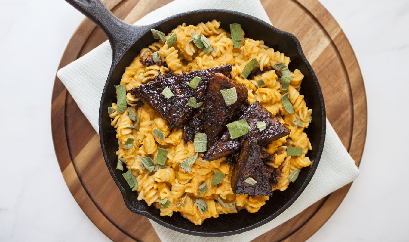 Vegan Pumpkin Sage Pasta With Blackened Tempeh