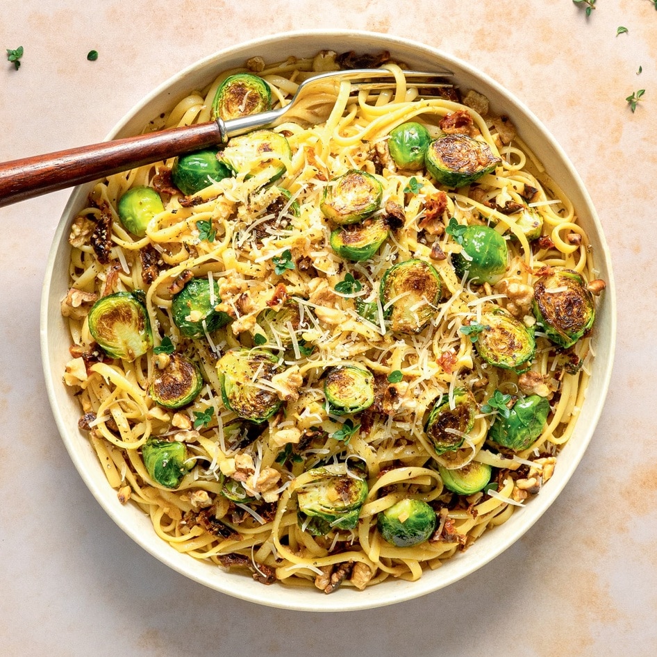 Easy Vegan Brussels Sprout Linguine in White Wine Sauce