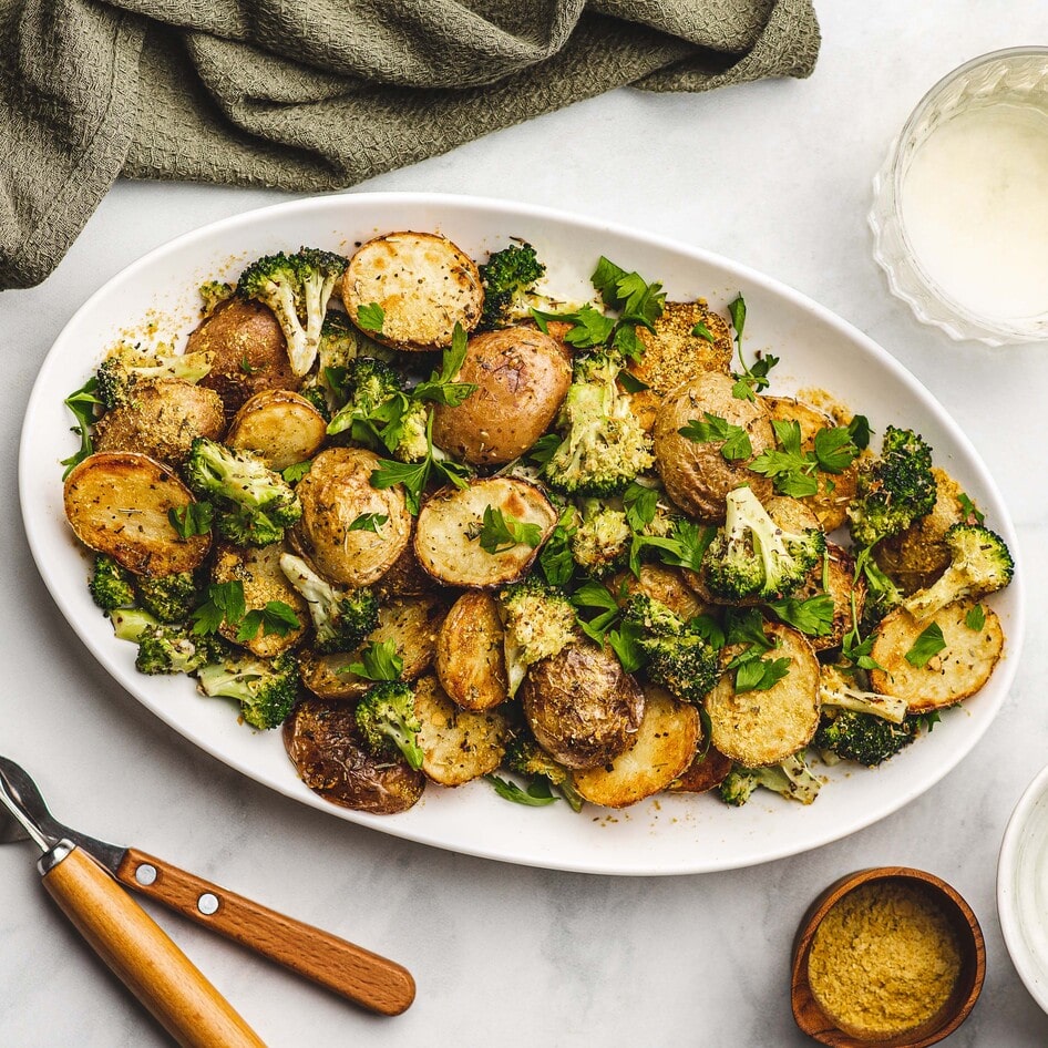 Easy Vegan Cheesy Garlic Potatoes and Broccoli