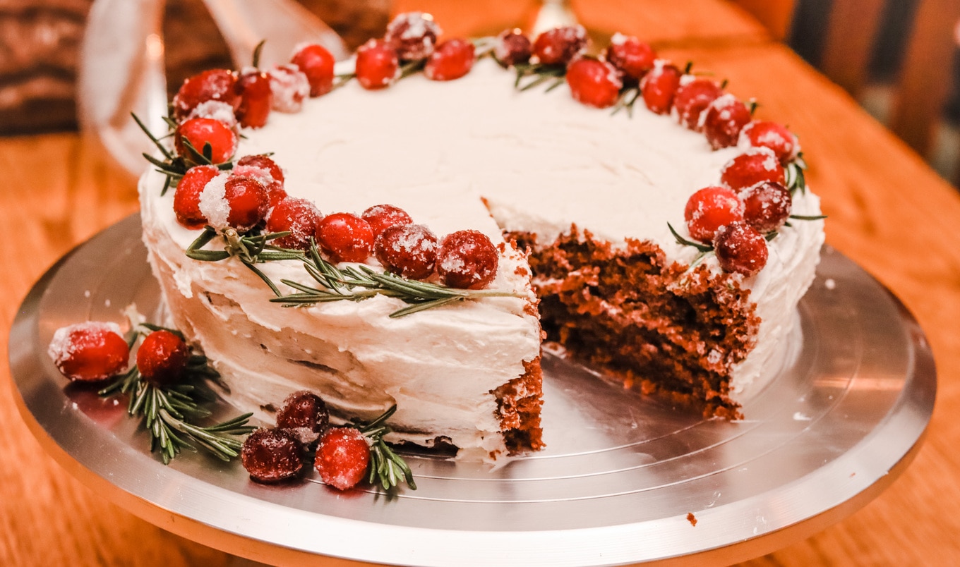 Vegan Red Velvet Cake With Candied Cranberries and Vanilla Buttercream