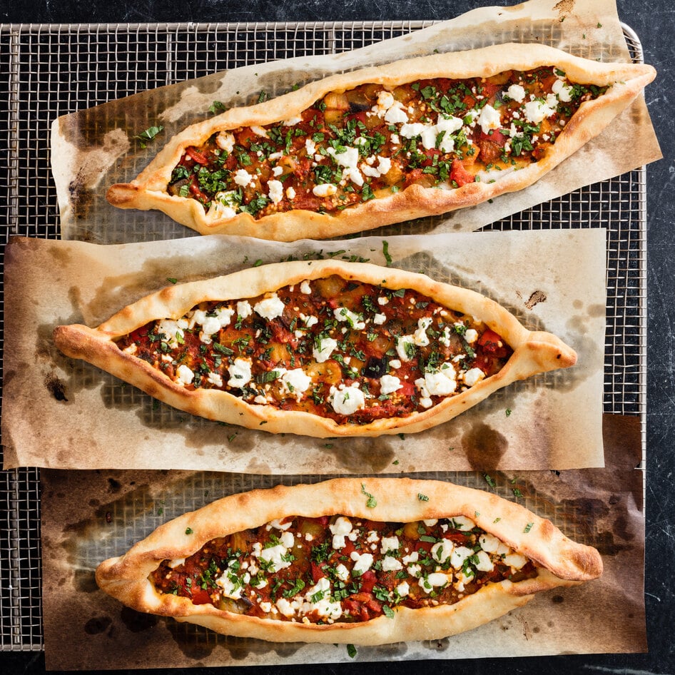 Vegan Turkish Flatbread With Eggplant and Tomatoes