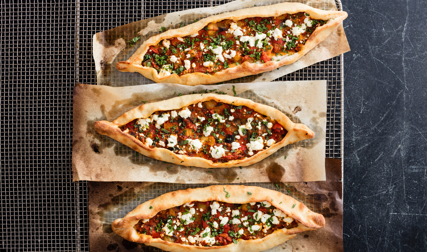 Vegan Turkish Flatbread With Eggplant and Tomatoes