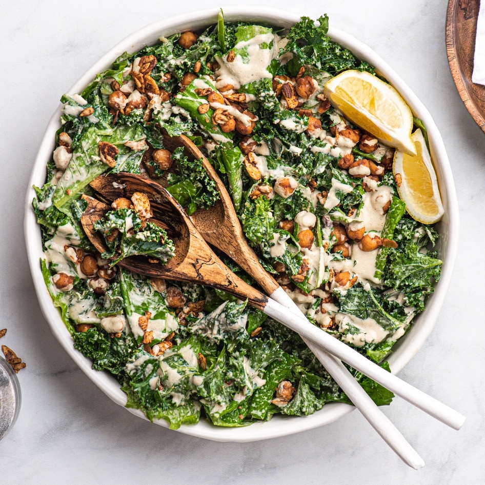 Vegan Tahini Caesar Salad With Smoked Chickpeas