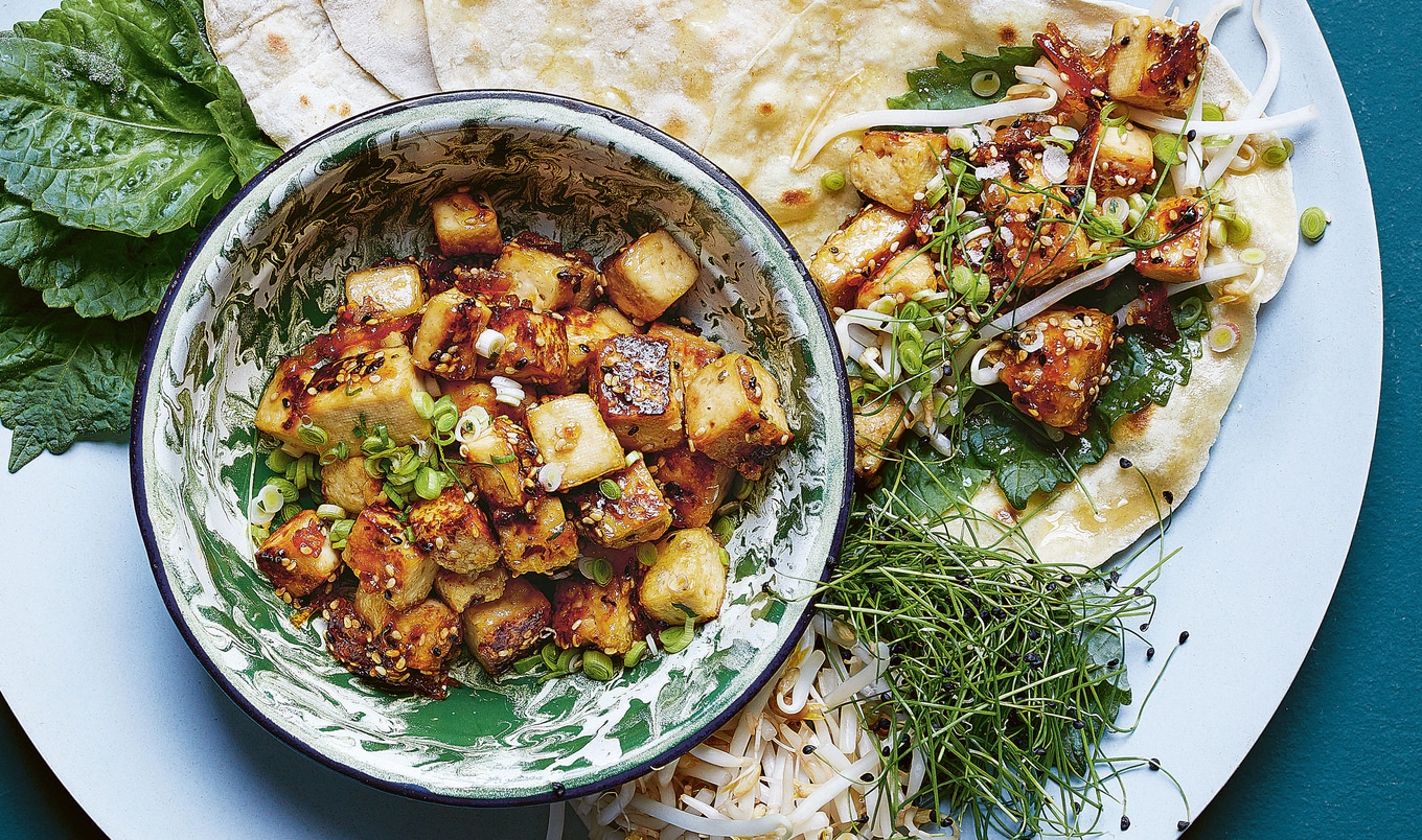 Sticky Sesame-Orange Tofu With Savory Pancakes