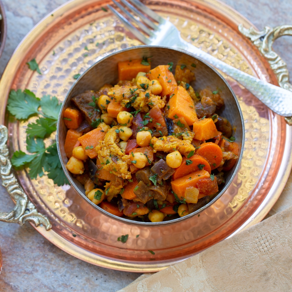 Moroccan-Inspired Vegan Chicken and Sweet Potato Stew