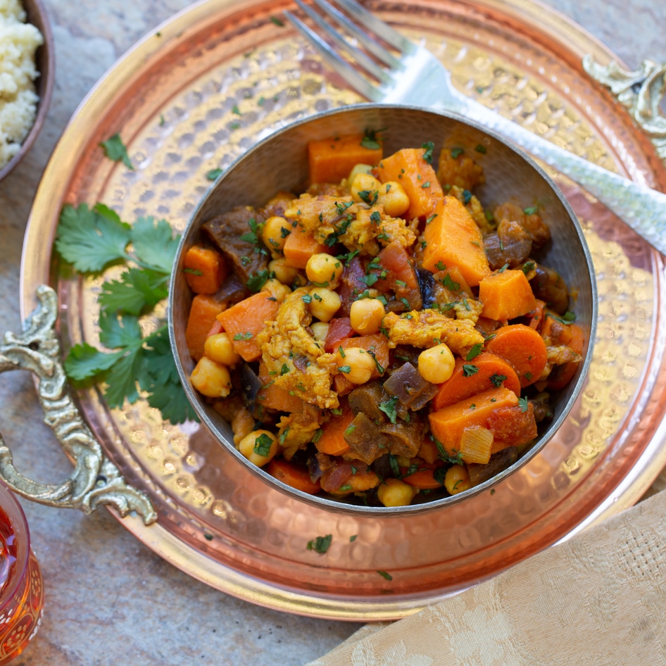 Moroccan-Inspired Vegan Chicken and Sweet Potato Stew