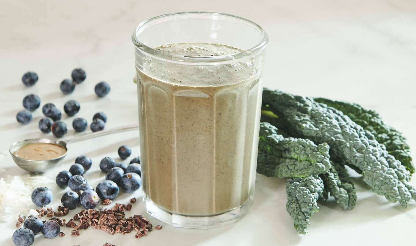 Vegan Chocolate Açaí Coconut Smoothie With Kale and Blueberries