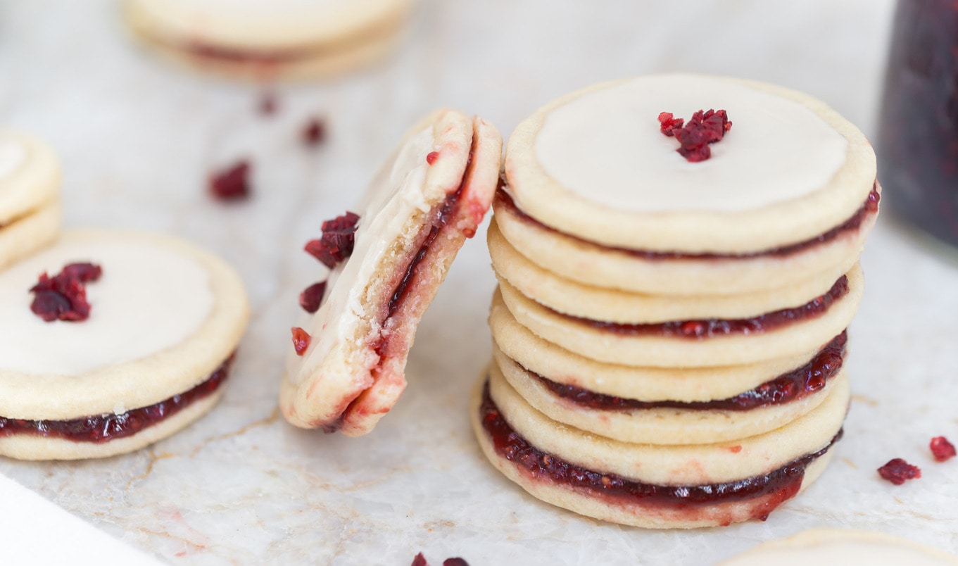 Vegan Shortbread Raspberry Jam Sandwich Cookies With Vanilla Icing