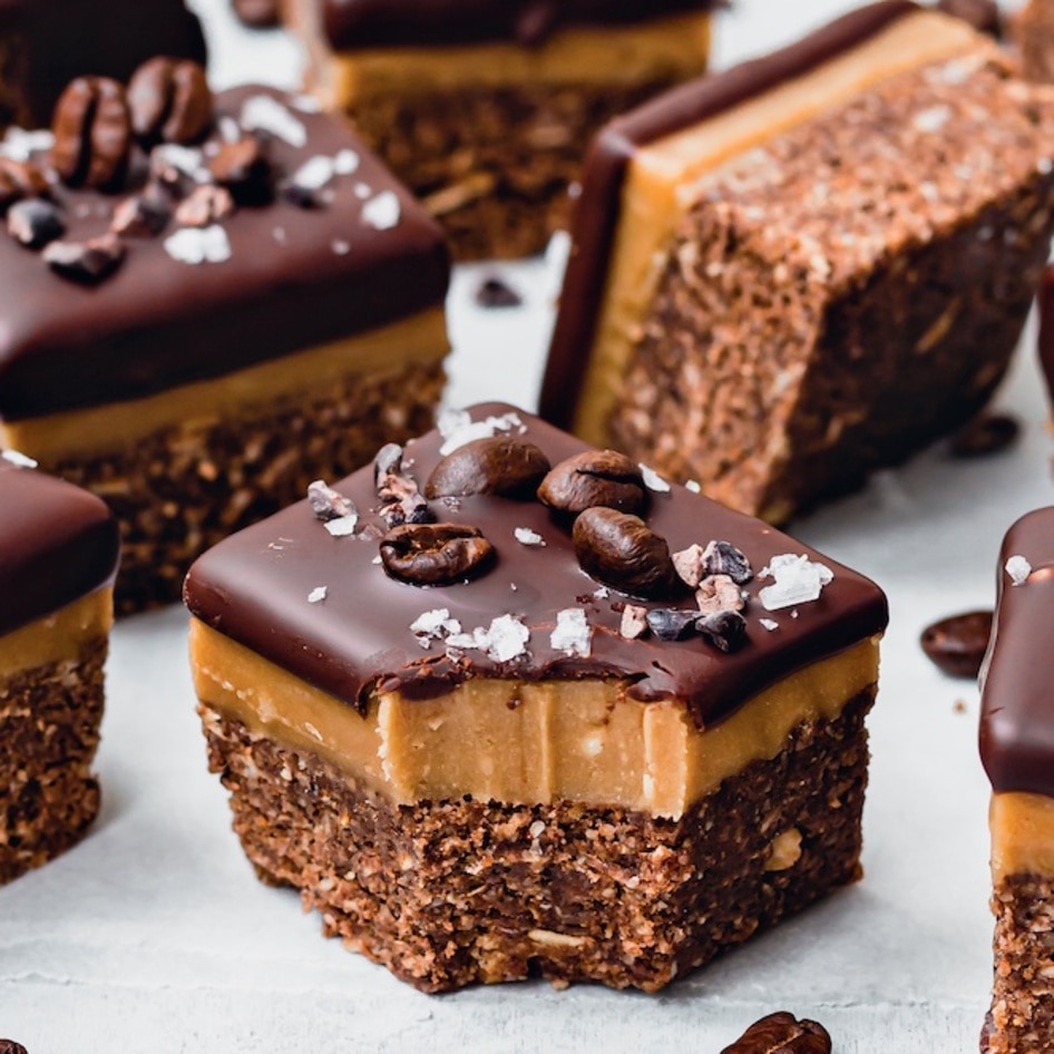 Vegan No-Bake Chocolate Espresso Caramel Bars