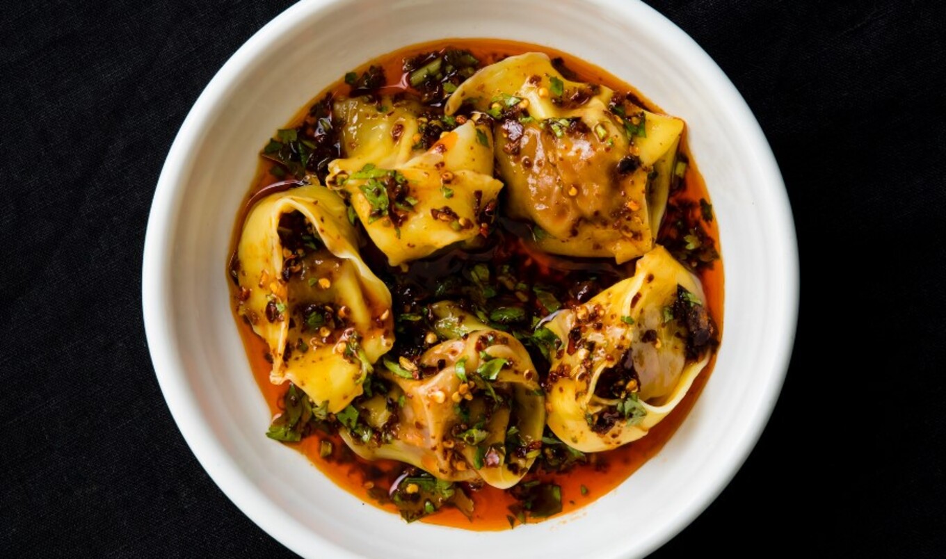 Vegan Mushroom Wontons in Sichuan Chili Oil