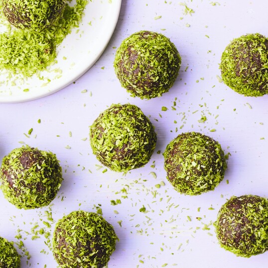 Vegan Matcha Chocolate Coconut Bliss Balls