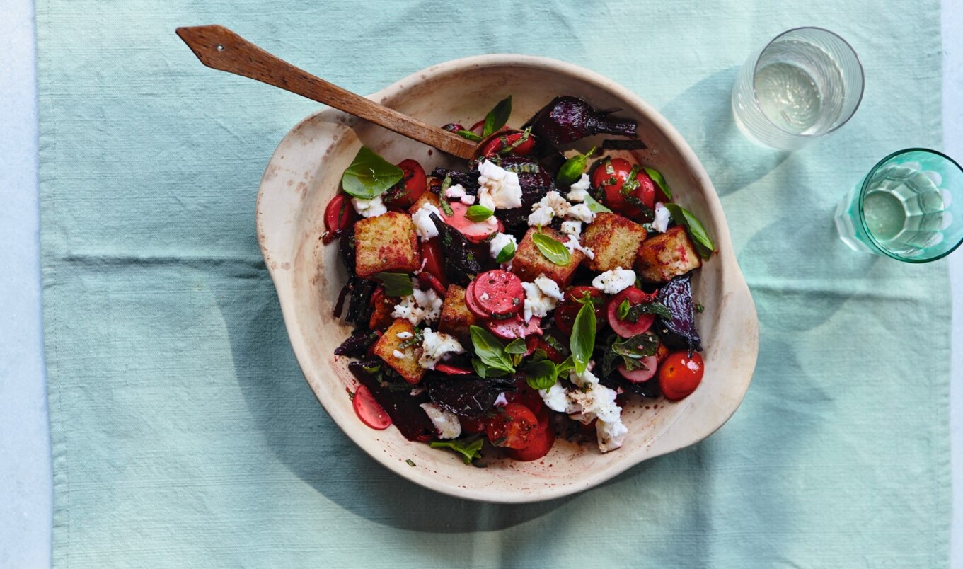 Vegan Jamaican Beet and Feta Panzanella Salad