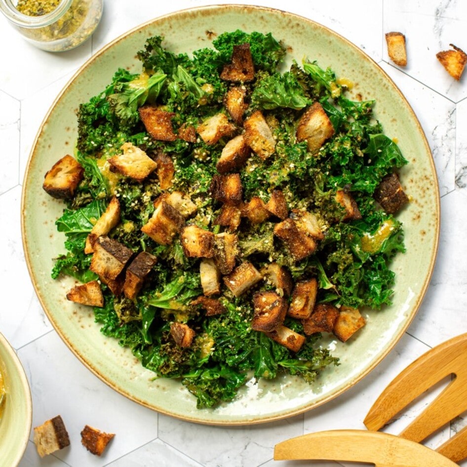 Vegan Kale Caesar Salad With Sourdough Croutons