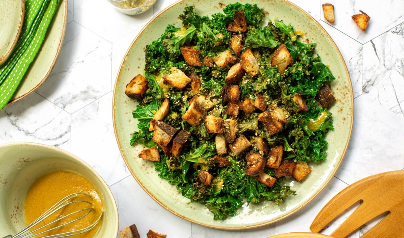 Vegan Kale Caesar Salad With Sourdough Croutons