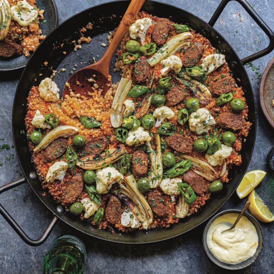 Mixed Grain Vegetable Paella With Sausage and Castelvetrano Olives