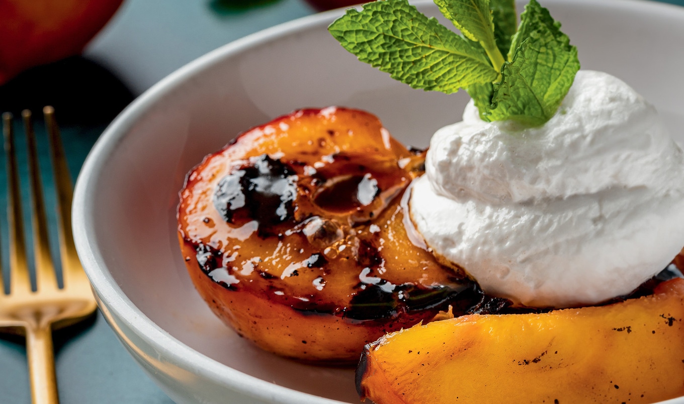 Smoked Peaches With Boozy Vegan Rum Whip