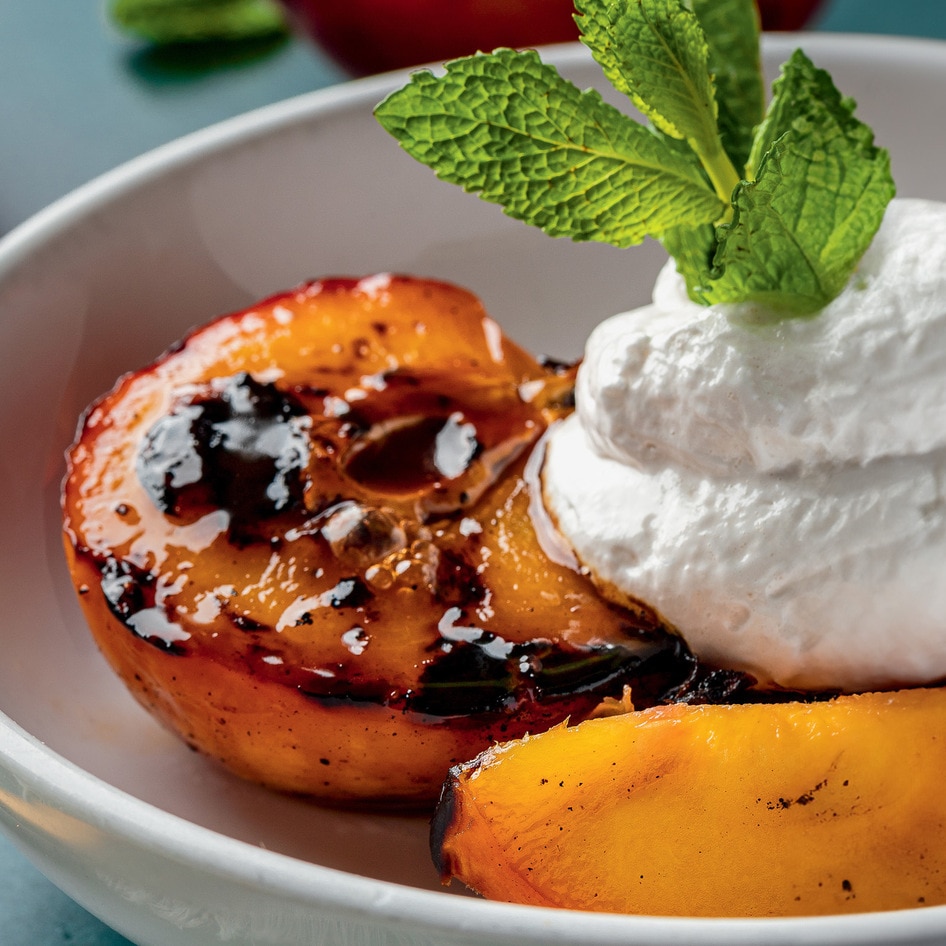 Smoked Peaches With Boozy Vegan Rum Whip