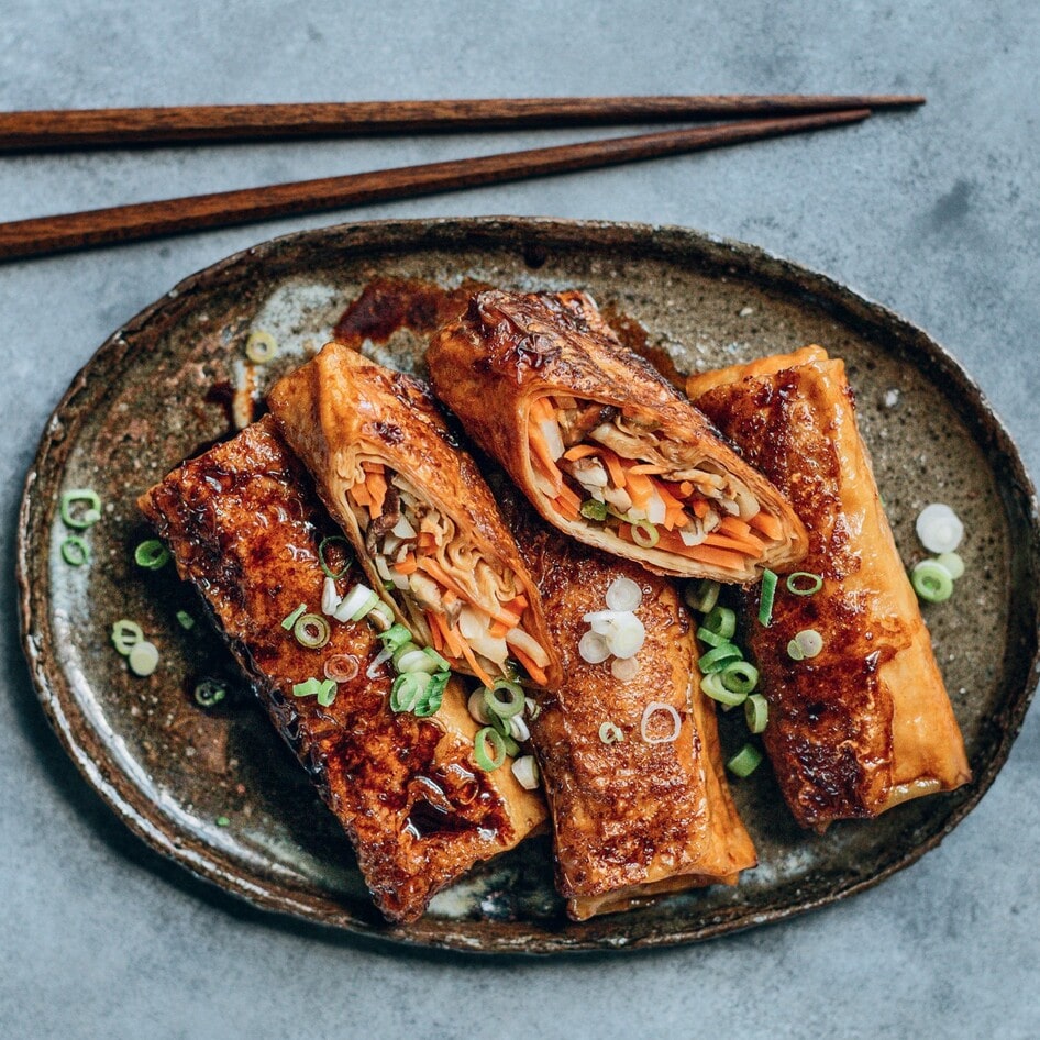 Vegan Bamboo Shoot and Mushroom-Stuffed Yuba Rolls