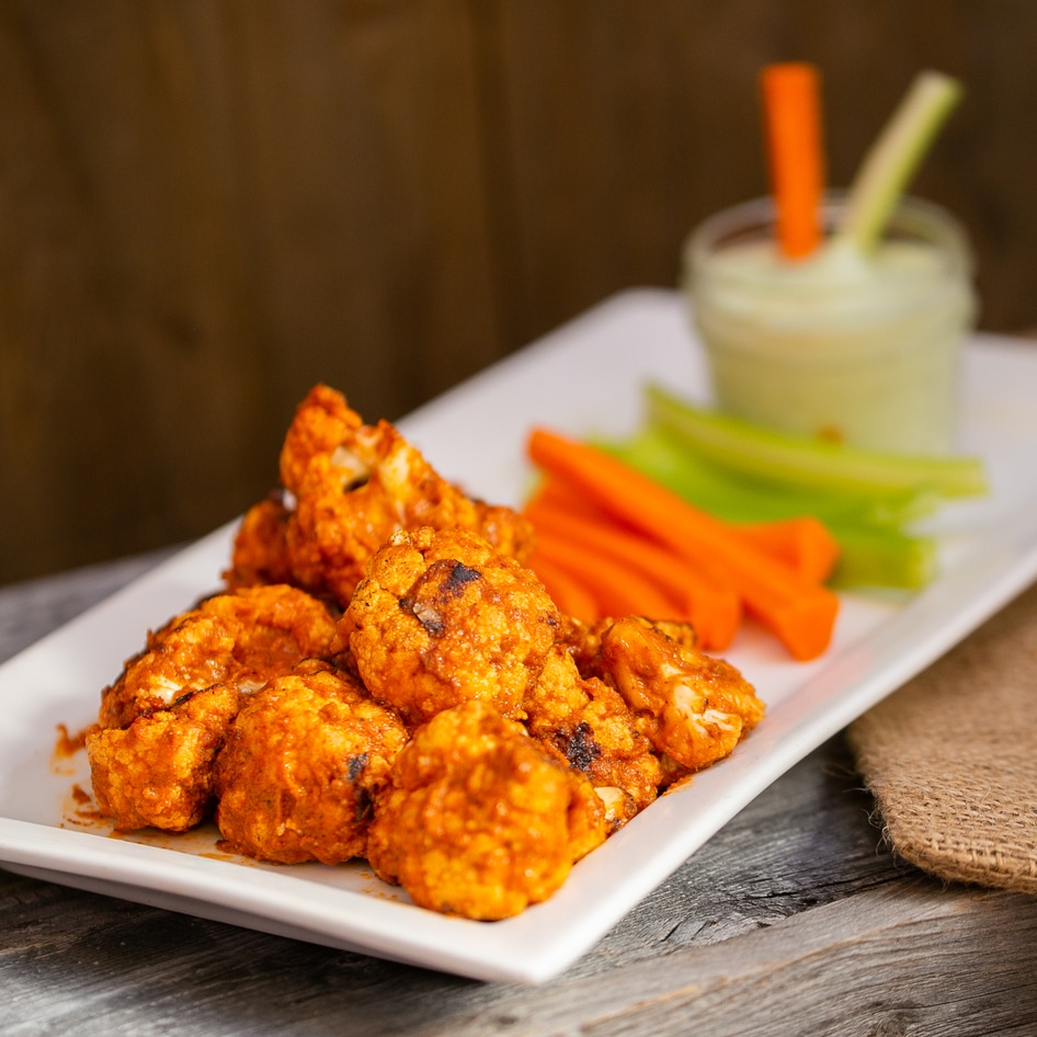 Spicy Vegan Cauliflower Wings With Pesto Dipping Sauce