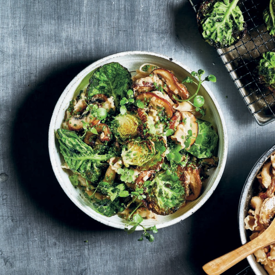 Vegan Creamy Pasta With Fried Mushrooms and Brussels Sprouts