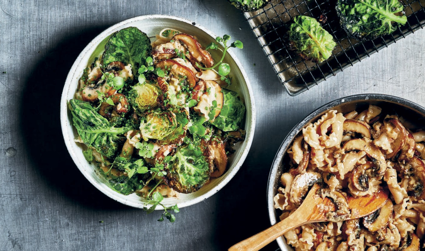 Vegan Creamy Pasta With Fried Mushrooms and Brussels Sprouts