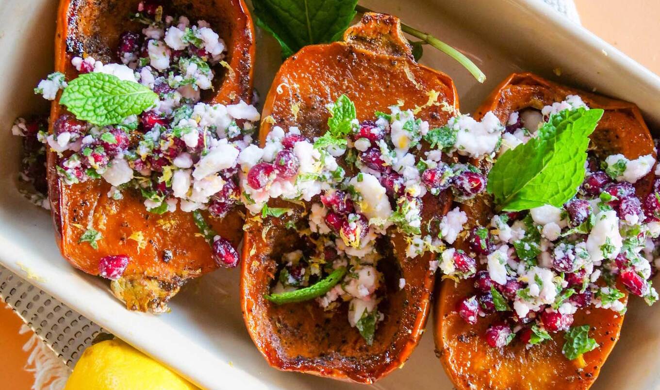 Glazed Vegan Honeynut Squash With Mint and Feta&nbsp;