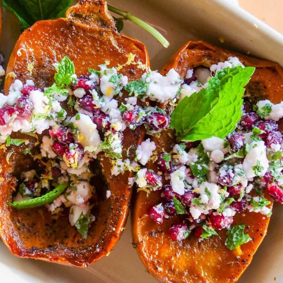 Glazed Vegan Honeynut Squash With Mint and Feta&nbsp;