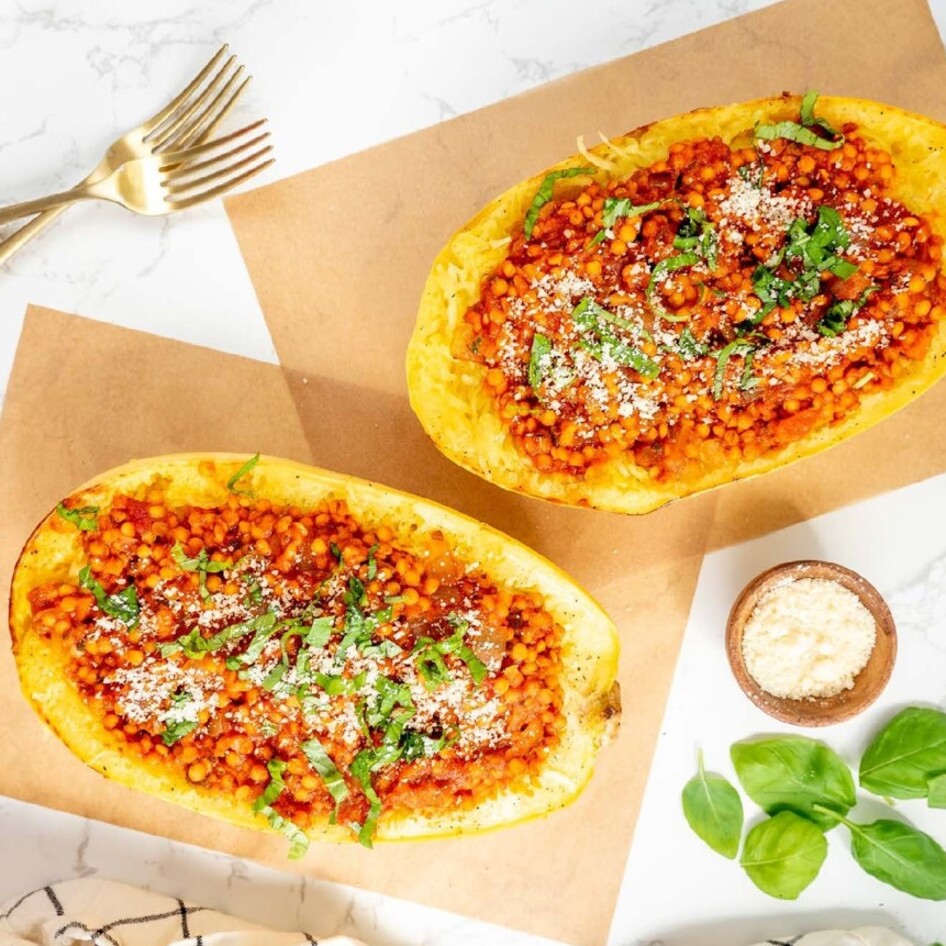 Easy Vegan Lentil Bolognese Spaghetti Squash Boats