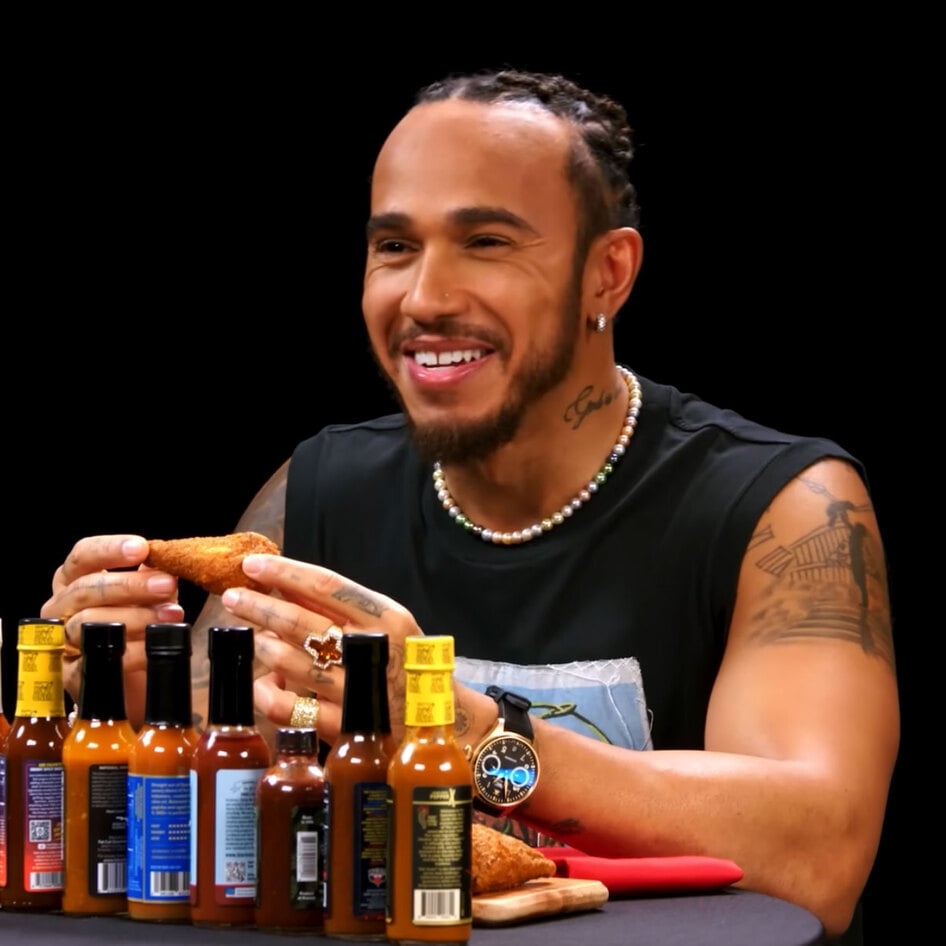 Lewis Hamilton and 28 Other Celebrities Who Made It to Level 10 on 'Hot Ones' Eating Only Vegan Wings