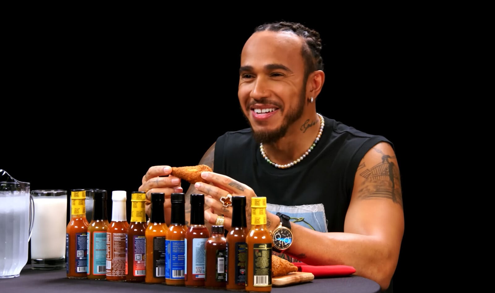 Lewis Hamilton and 28 Other Celebrities Who Made It to Level 10 on 'Hot Ones' Eating Only Vegan Wings