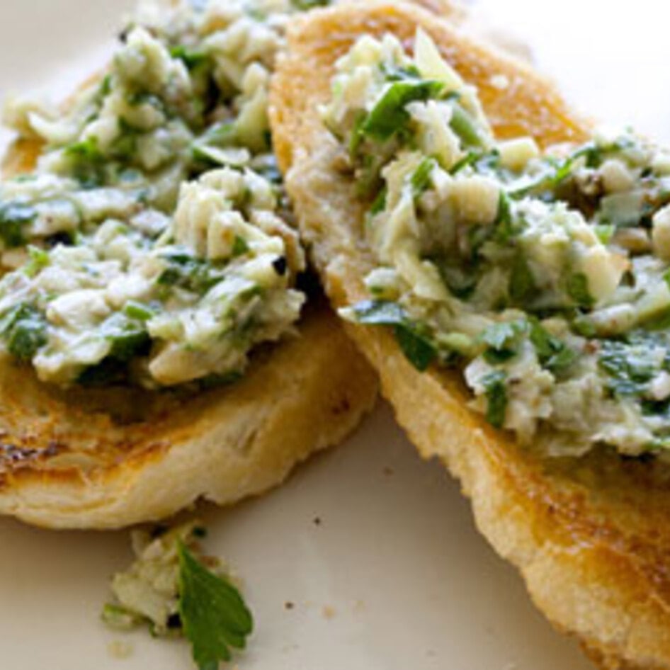 Vegan Artichoke Walnut Pesto Crostini